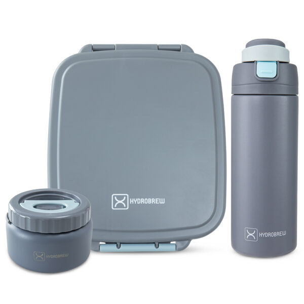 Hydrobrew –  Mega Flex Bento Lunch Box 1864ml w/ SipSwitch Insulated Water Bottle 720ml | Leakproof Meal Box w/ Steel Jar – Graphite