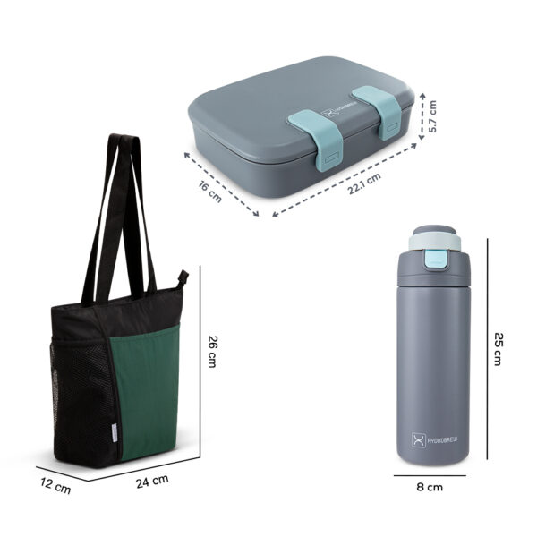 Hydrobrew – Steel Core Bento Lunch Box 839ml w/ Lunch Bag & Bottle – Leakproof Meal Set Graphite