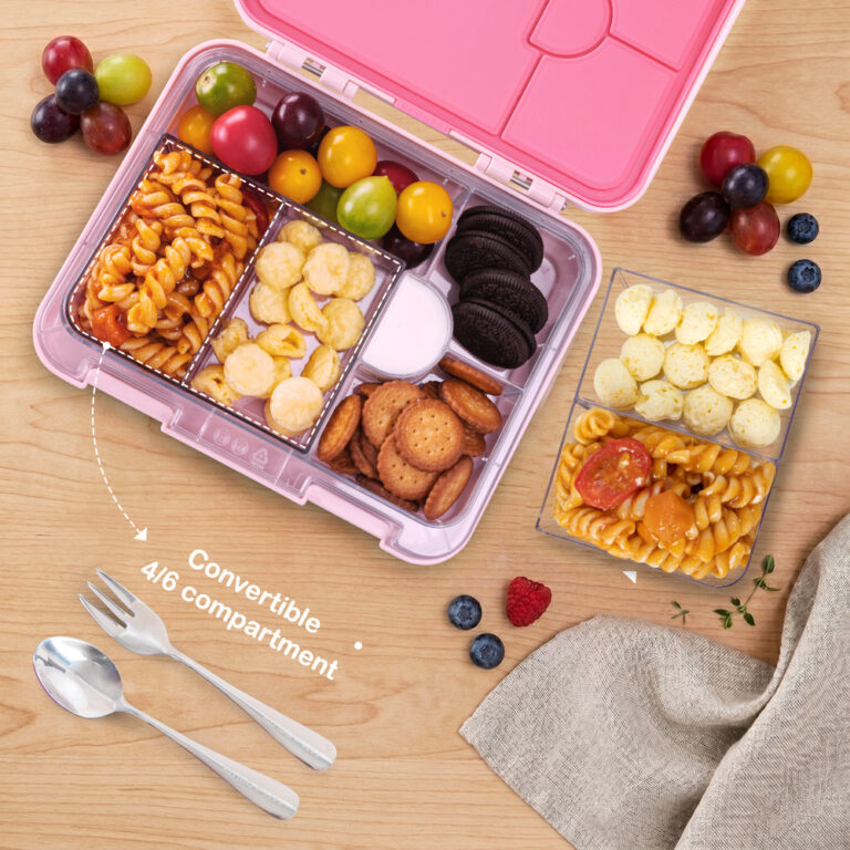 Eazy Kids - 6 & 4 Convertible Bento Lunch Box w/Steel Spoon & Fork Set - Life Pink