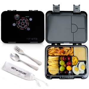 Eazy Kids – 6 & 4 Convertible Bento Lunch Box w/Steel Spoon & Fork Set – Football Black