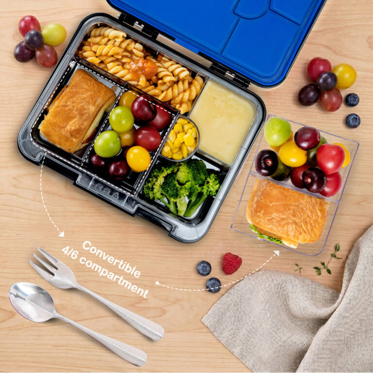 Eazy Kids - 6 & 4 Convertible Bento Lunch Box w/Steel Spoon & Fork Set - Gamer Black