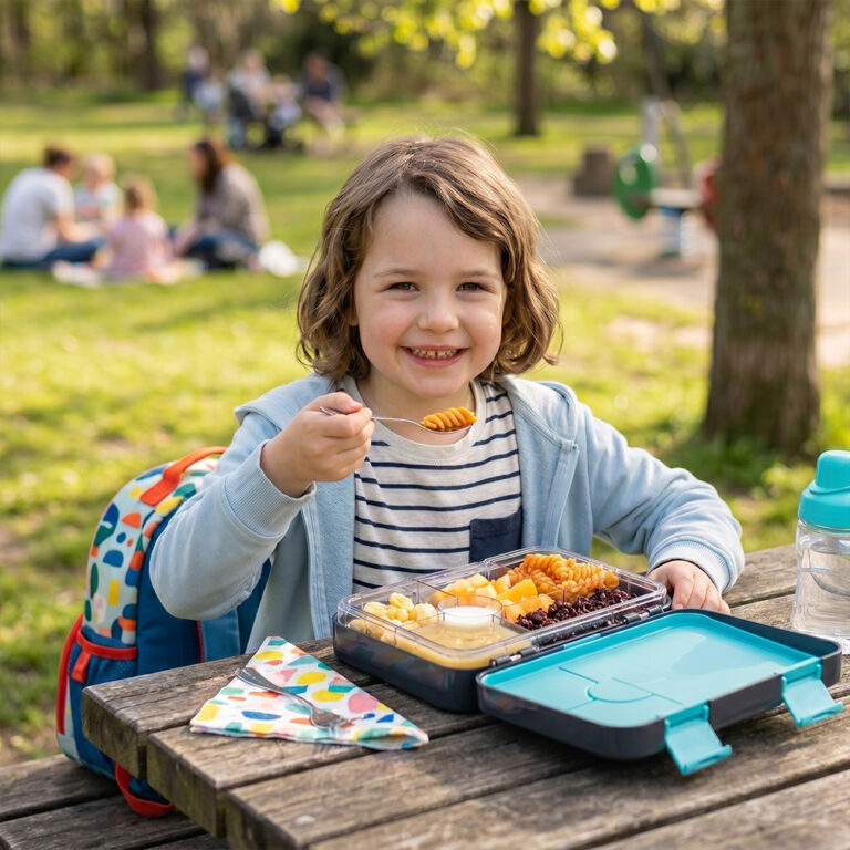 Eazy Kids - 6 & 4 Convertible Bento Lunch Box w/Steel Spoon & Fork Set - Game ON Grey