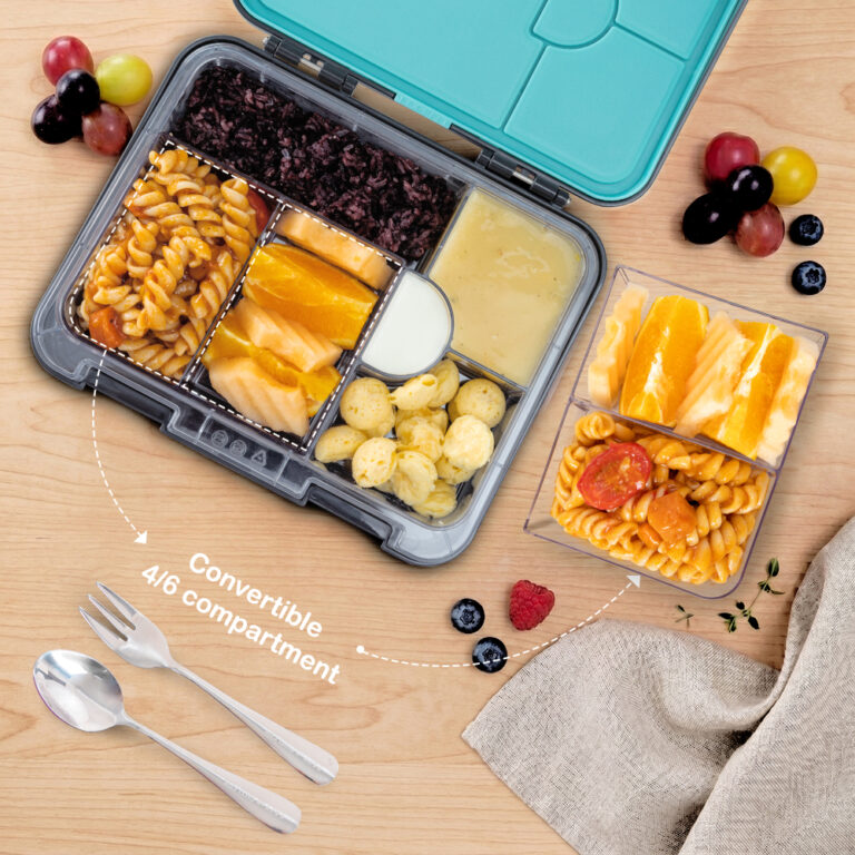 Eazy Kids - 6 & 4 Convertible Bento Lunch Box w/Steel Spoon & Fork Set - Game ON Grey