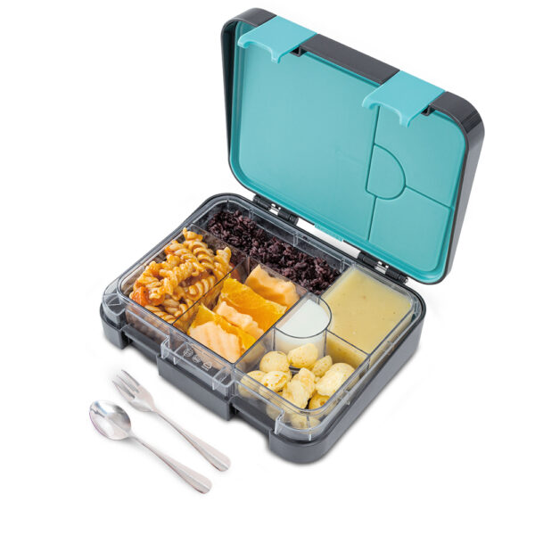 Eazy Kids – 6 & 4 Convertible Bento Lunch Box w/Steel Spoon & Fork Set – Game ON Grey