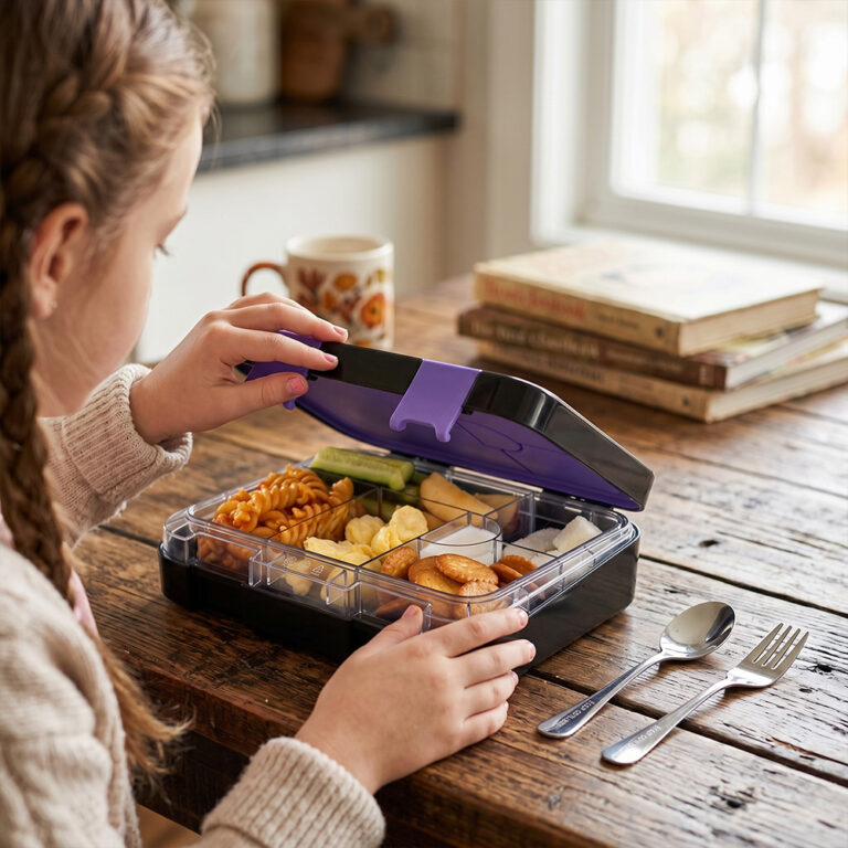 Eazy Kids - 6 & 4 Convertible Bento Lunch Box w/Steel Spoon & Fork Set - Teddy Black