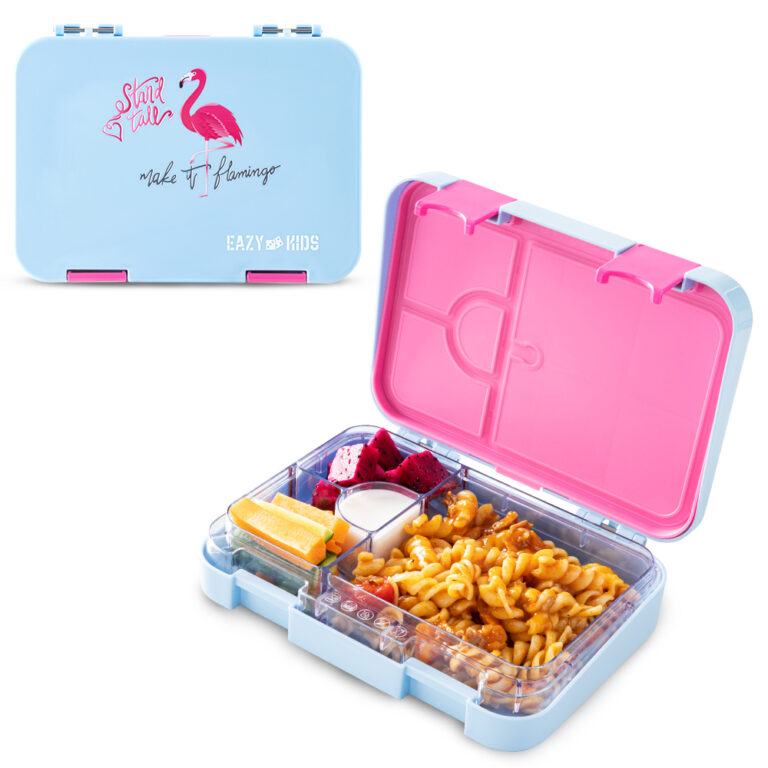 Eazy Kids 4 Compartment Bento Lunch Box – Leakproof BPA Free Food Container for Kids,  Flamingo Aqua