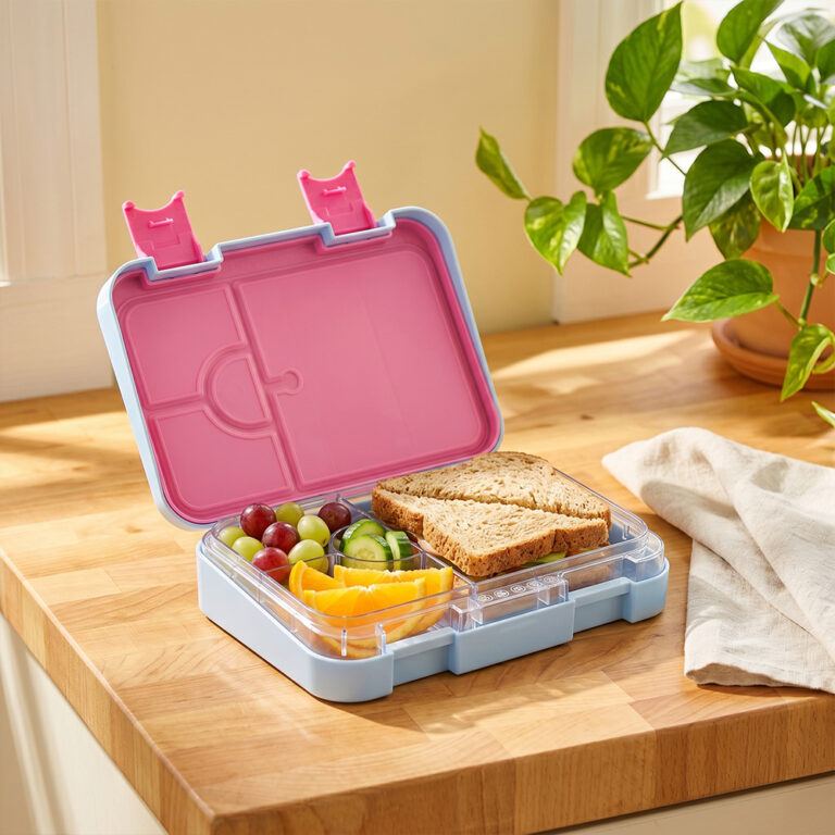 Eazy Kids 4 Compartment Bento Lunch Box – Leakproof BPA Free Food Container for Kids,  Flamingo Aqua