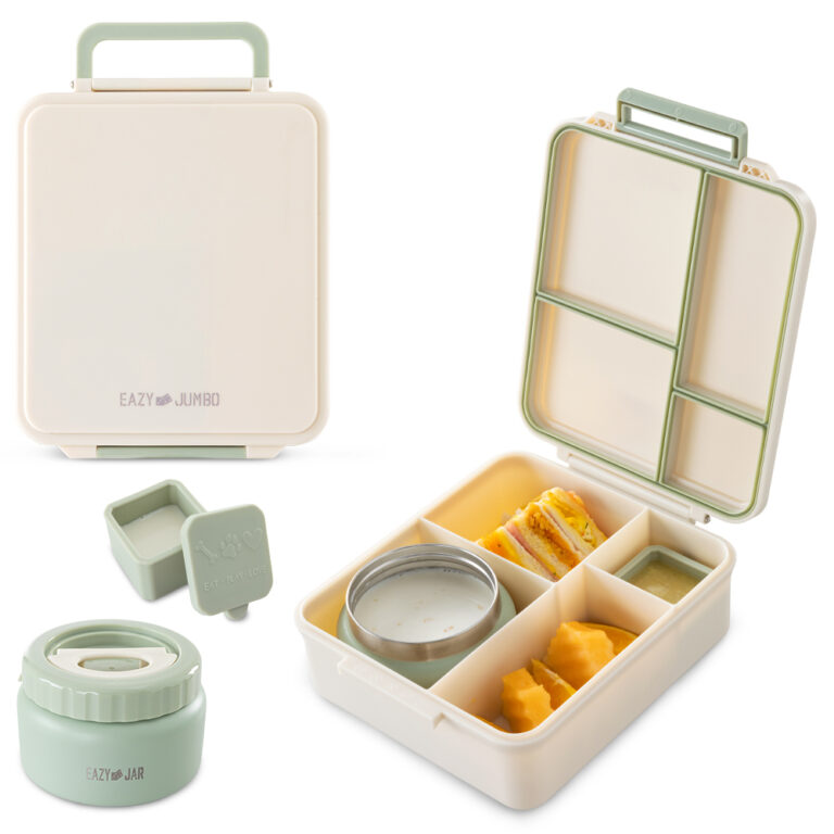 Eazy Kids Jumbo Bento Lunch Box w/Thermos & Dip Jar- Ivory