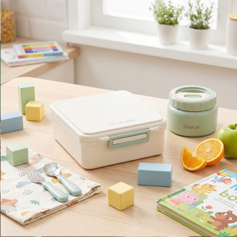 Eazy Kids Jumbo Bento Lunch Box w/Thermos & Dip Jar- Ivory
