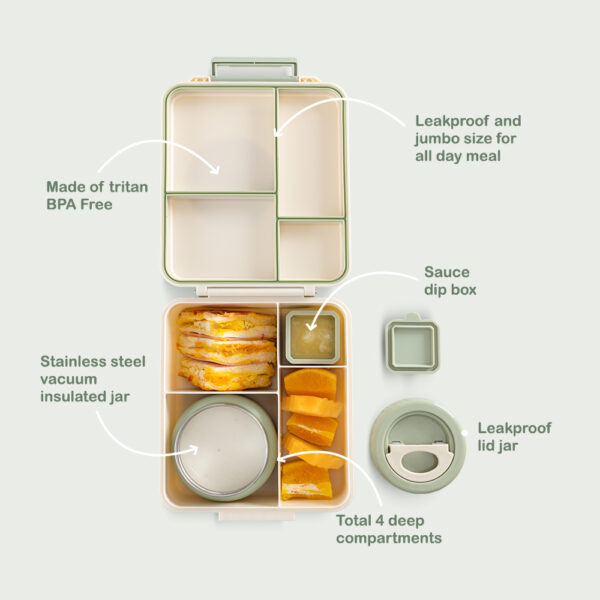 Eazy Kids Jumbo Bento Lunch Box w/Thermos & Dip Jar- Ivory