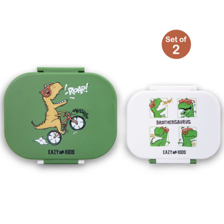 Eazy Kids - Bento Lunch Box Set of 2, 1200ml + 760ml, Leakproof, BPA Free, Compartment Food Containers - Dino Green 