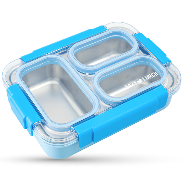 Eazy Kids - Stainless Steel Lunch Box 710ml, 3 Compartment Leakproof Bento Box for Kids- Blue