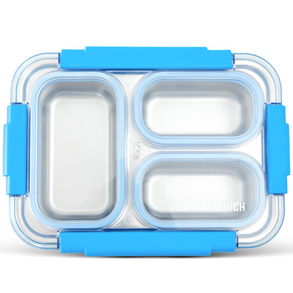 Eazy Kids – Stainless Steel Lunch Box 710ml, 3 Compartment Leakproof Bento Box for Kids- Blue