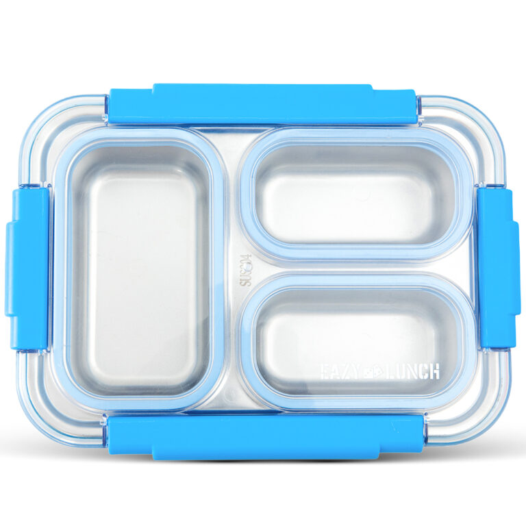 Eazy Kids - Stainless Steel Lunch Box 710ml, 3 Compartment Leakproof Bento Box for Kids- Blue
