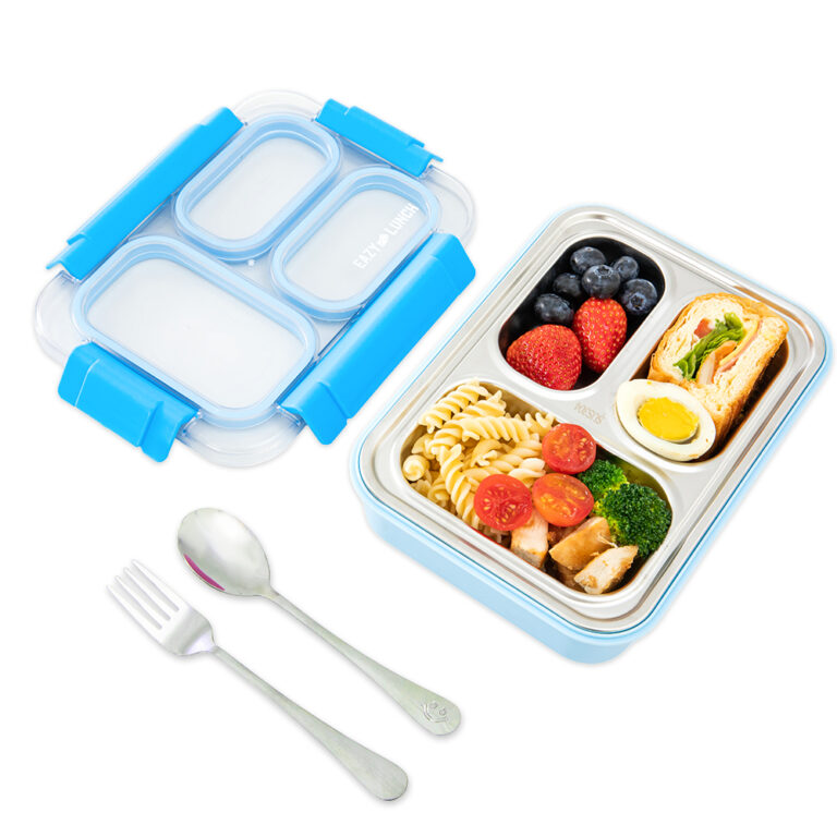 Eazy Kids - Stainless Steel Lunch Box 710ml, 3 Compartment Leakproof Bento Box for Kids- Blue