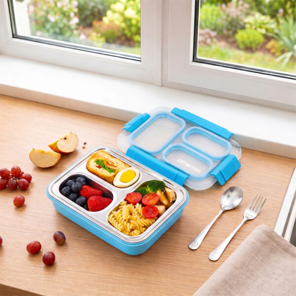 Eazy Kids – Stainless Steel Lunch Box 710ml, 3 Compartment Leakproof Bento Box for Kids- Blue