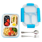 Eazy Kids – Stainless Steel Lunch Box 710ml, 3 Compartment Leakproof Bento Box for Kids- Blue