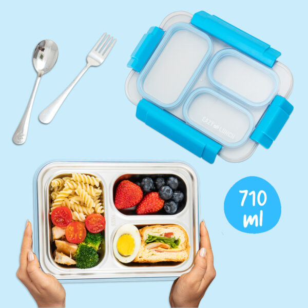 Eazy Kids – Stainless Steel Lunch Box 710ml, 3 Compartment Leakproof Bento Box for Kids- Blue