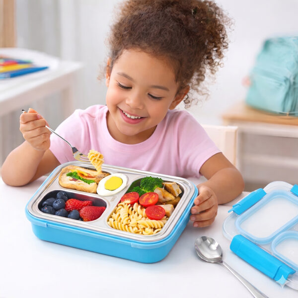 Eazy Kids – Stainless Steel Lunch Box 710ml, 3 Compartment Leakproof Bento Box for Kids- Blue