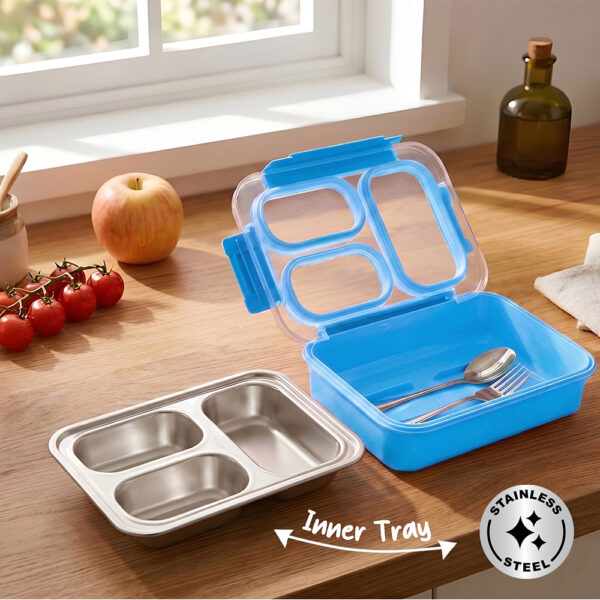 Eazy Kids – Stainless Steel Lunch Box 710ml, 3 Compartment Leakproof Bento Box for Kids- Blue