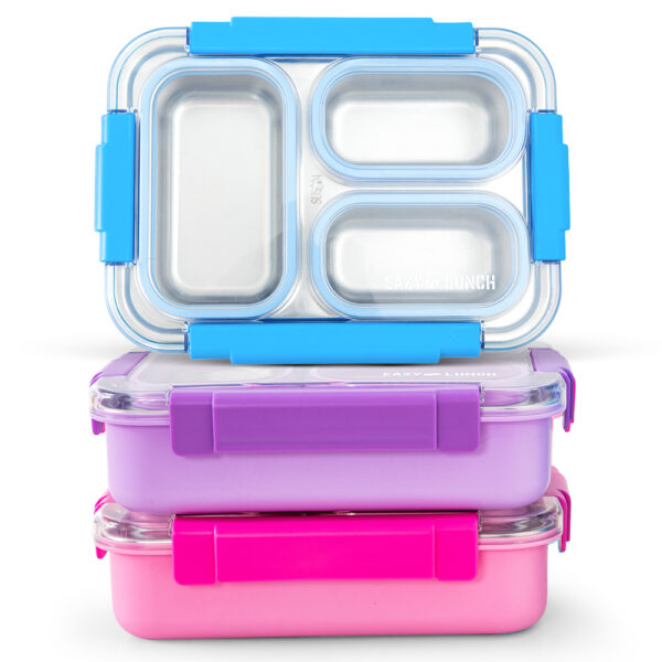 Eazy Kids – Stainless Steel Lunch Box 710ml, 3 Compartment Leakproof Bento Box for Kids- Blue