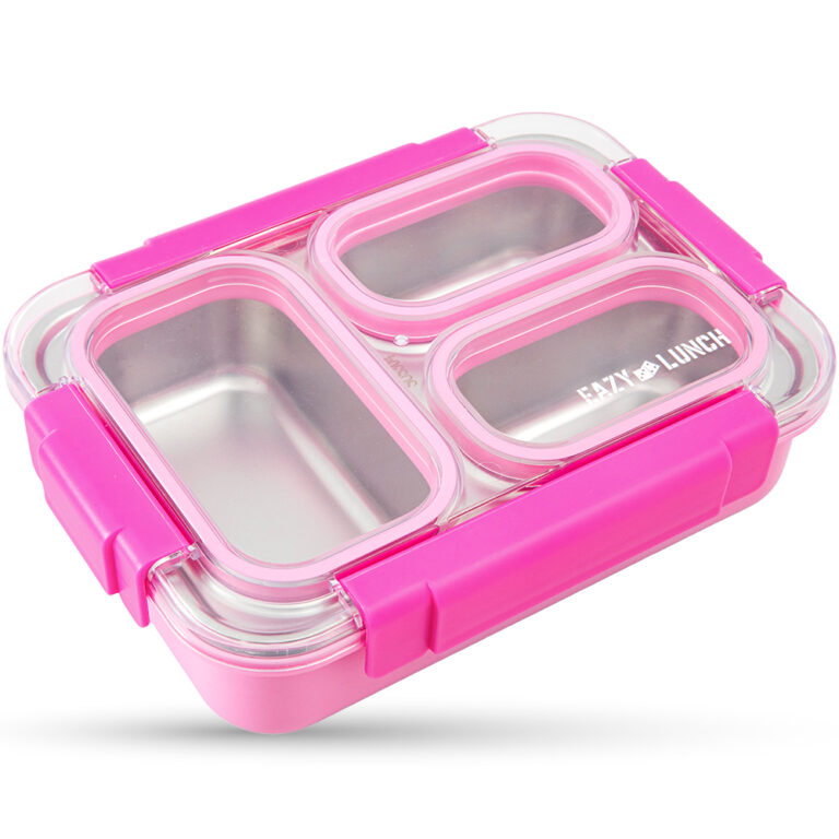 Eazy Kids - Stainless Steel Lunch Box 710ml, 3 Compartment Leakproof Bento Box for Kids- Pink