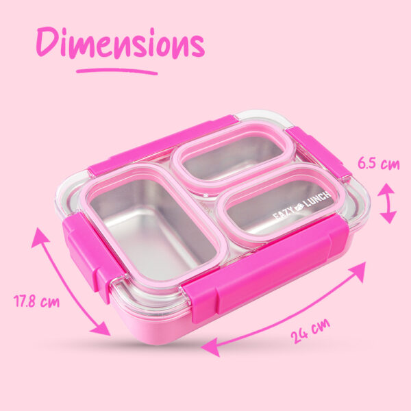 Eazy Kids – Stainless Steel Lunch Box 710ml, 3 Compartment Leakproof Bento Box for Kids- Pink
