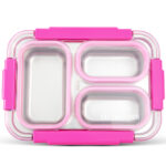 Eazy Kids – Stainless Steel Lunch Box 710ml, 3 Compartment Leakproof Bento Box for Kids- Pink