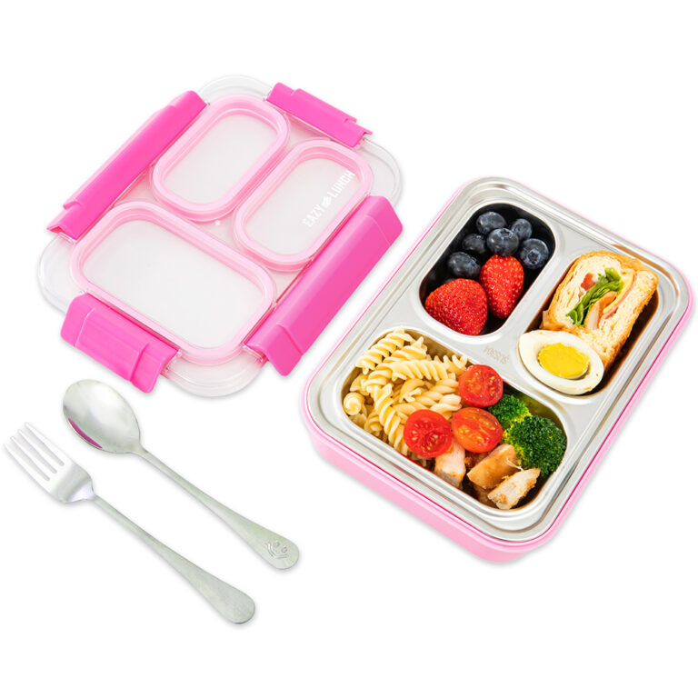 Eazy Kids - Stainless Steel Lunch Box 710ml, 3 Compartment Leakproof Bento Box for Kids- Pink