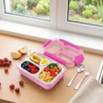 Eazy Kids – Stainless Steel Lunch Box 710ml, 3 Compartment Leakproof Bento Box for Kids- Pink