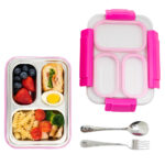 Eazy Kids – Stainless Steel Lunch Box 710ml, 3 Compartment Leakproof Bento Box for Kids- Pink