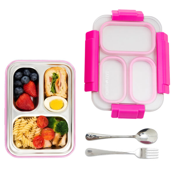 Eazy Kids – Stainless Steel Lunch Box 710ml, 3 Compartment Leakproof Bento Box for Kids- Pink