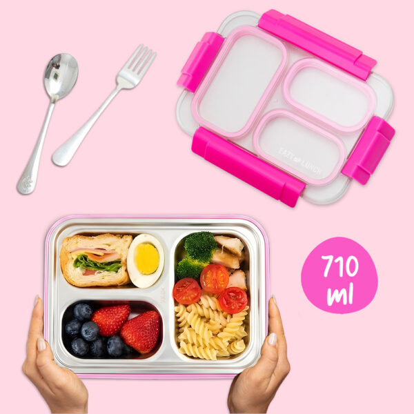 Eazy Kids – Stainless Steel Lunch Box 710ml, 3 Compartment Leakproof Bento Box for Kids- Pink