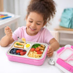 Eazy Kids – Stainless Steel Lunch Box 710ml, 3 Compartment Leakproof Bento Box for Kids- Pink