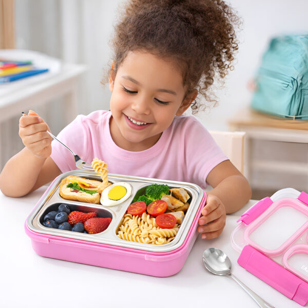 Eazy Kids – Stainless Steel Lunch Box 710ml, 3 Compartment Leakproof Bento Box for Kids- Pink