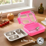 Eazy Kids – Stainless Steel Lunch Box 710ml, 3 Compartment Leakproof Bento Box for Kids- Pink