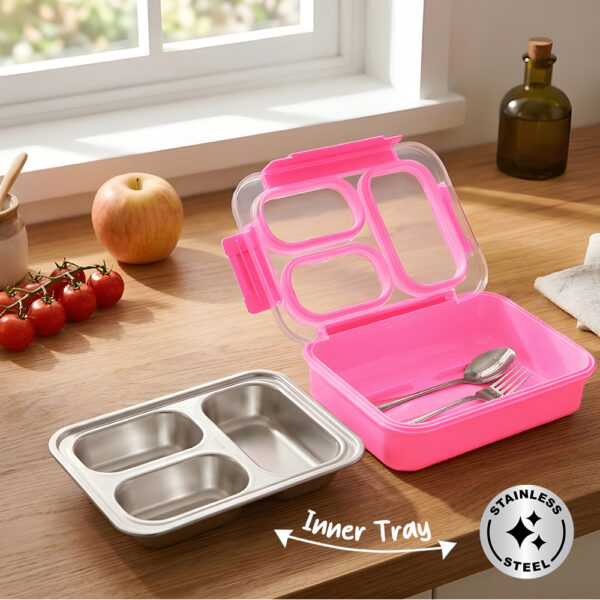 Eazy Kids – Stainless Steel Lunch Box 710ml, 3 Compartment Leakproof Bento Box for Kids- Pink