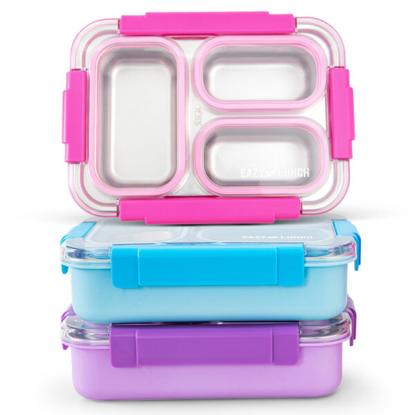 Eazy Kids – Stainless Steel Lunch Box 710ml, 3 Compartment Leakproof Bento Box for Kids- Pink