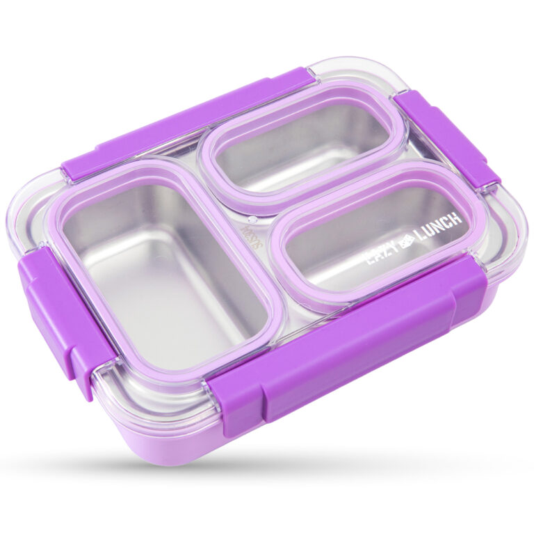 Eazy Kids - Stainless Steel Lunch Box 710ml, 3 Compartment Leakproof Bento Box for Kids- Purple