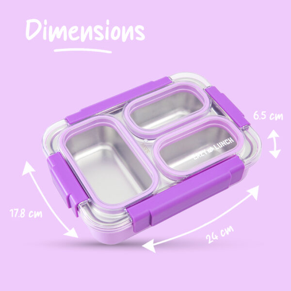 Eazy Kids – Stainless Steel Lunch Box 710ml, 3 Compartment Leakproof Bento Box for Kids- Purple