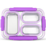 Eazy Kids – Stainless Steel Lunch Box 710ml, 3 Compartment Leakproof Bento Box for Kids- Purple