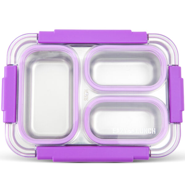 Eazy Kids – Stainless Steel Lunch Box 710ml, 3 Compartment Leakproof Bento Box for Kids- Purple