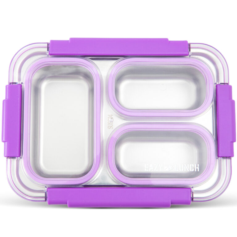 Eazy Kids - Stainless Steel Lunch Box 710ml, 3 Compartment Leakproof Bento Box for Kids- Purple