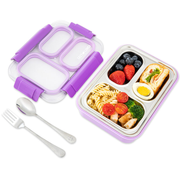 Eazy Kids - Stainless Steel Lunch Box 710ml, 3 Compartment Leakproof Bento Box for Kids- Purple