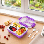 Eazy Kids – Stainless Steel Lunch Box 710ml, 3 Compartment Leakproof Bento Box for Kids- Purple