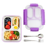 Eazy Kids – Stainless Steel Lunch Box 710ml, 3 Compartment Leakproof Bento Box for Kids- Purple
