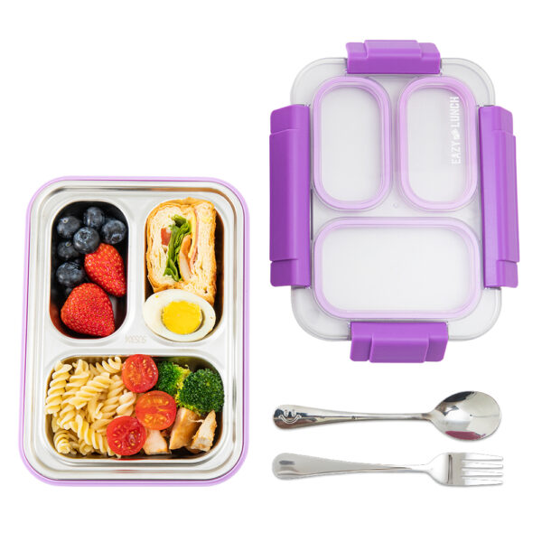 Eazy Kids – Stainless Steel Lunch Box 710ml, 3 Compartment Leakproof Bento Box for Kids- Purple