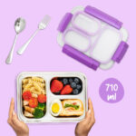 Eazy Kids – Stainless Steel Lunch Box 710ml, 3 Compartment Leakproof Bento Box for Kids- Purple