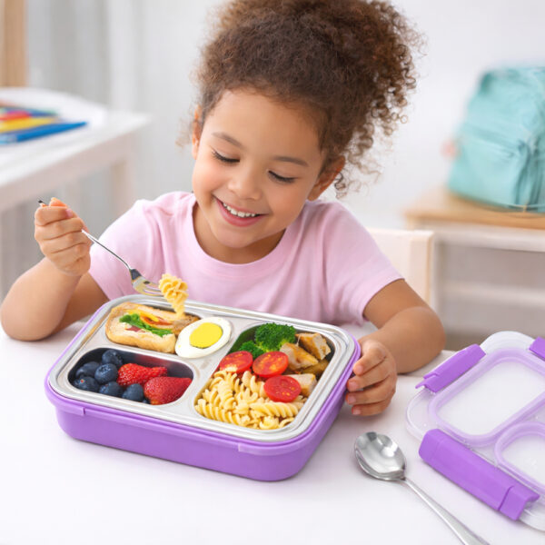Eazy Kids – Stainless Steel Lunch Box 710ml, 3 Compartment Leakproof Bento Box for Kids- Purple
