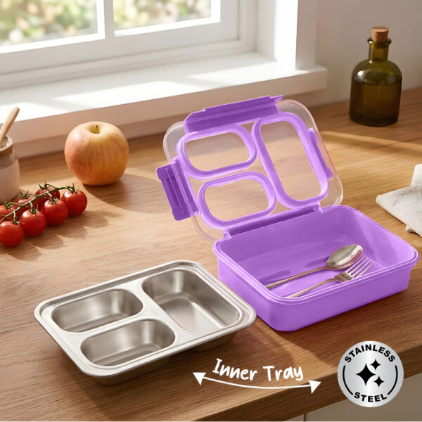 Eazy Kids – Stainless Steel Lunch Box 710ml, 3 Compartment Leakproof Bento Box for Kids- Purple